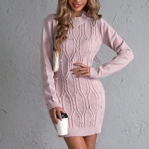 Baby Pink Sweater Short Mini Dress Faux Pearl Embellished Long Sleeve